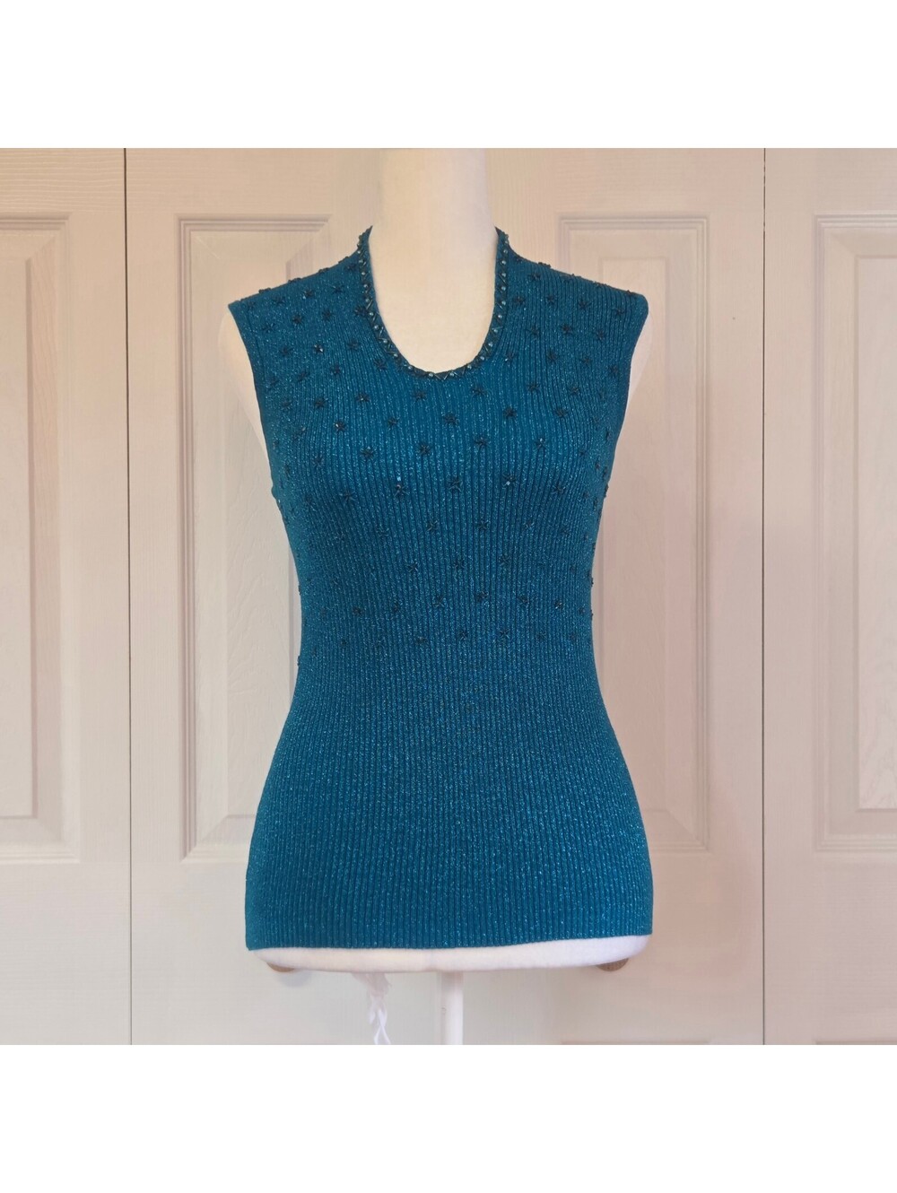 Vintage Y2K Blue Metallic Beaded Sweater Tank Top Cache XS Eclectic Retro 70s